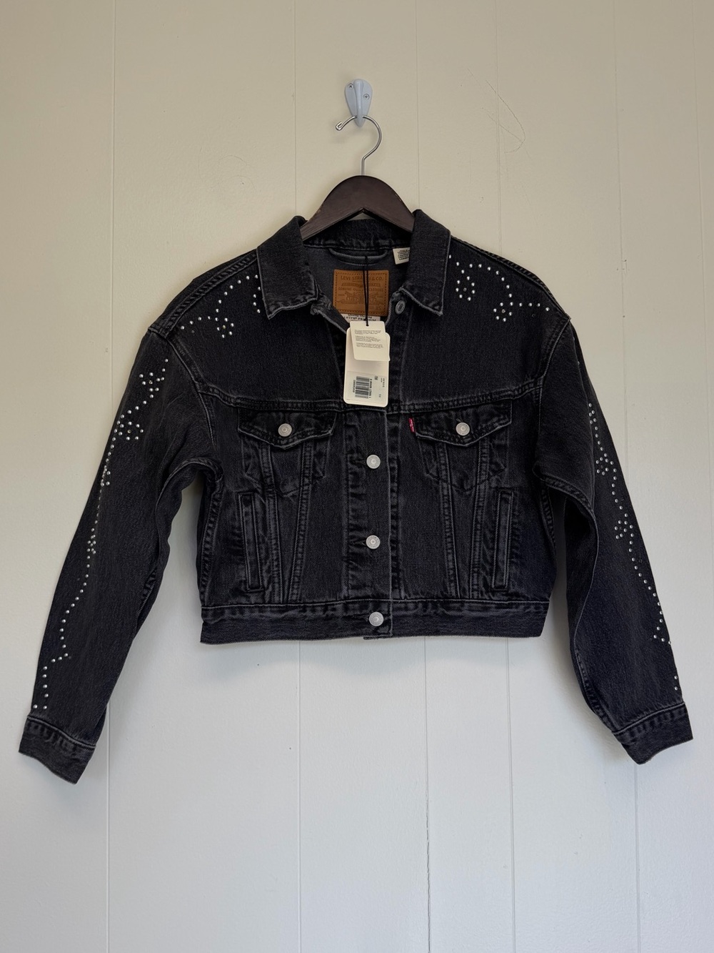 NWT LEVI’S 90s Shrunken Trucker Denim Jacket Jewel Studded Black XS - Picture 5 of 12